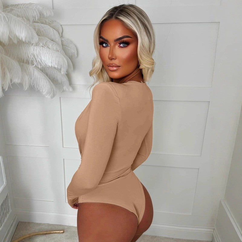 2025 Spring Autumn Deep V Neck Long Sleeve Bodysuits Women Fashion Solid Slim Fit Pleated T-Shirt Casual Female Jummsuits Tops