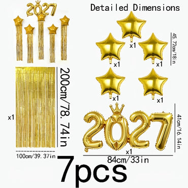 7-Piece Crown Onesie Set 2027 with Star Balloons and Tassel Curtains. Christmas and New Year Decorations