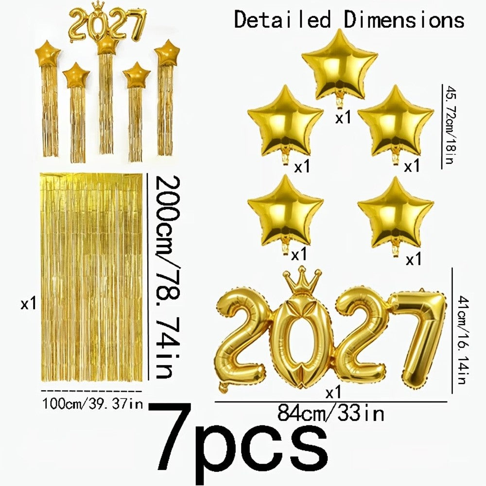 7-Piece Crown Onesie Set 2027 with Star Balloons and Tassel Curtains. Christmas and New Year Decorations
