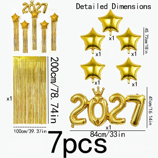 7-Piece Crown Onesie Set 2027 with Star Balloons and Tassel Curtains. Christmas and New Year Decorations