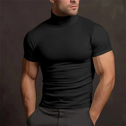 Cross-border Amazon 2024 summer solid color short-sleeved fashion bottoming shirt men's tight turtleneck T-shirt