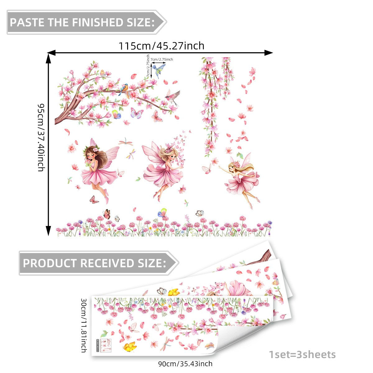 Pink Tree Branches Birds Butterflies Elf Girls Meet Wall Stickers Bedroom Children's Room Home Wall Decoration Self-adhesive