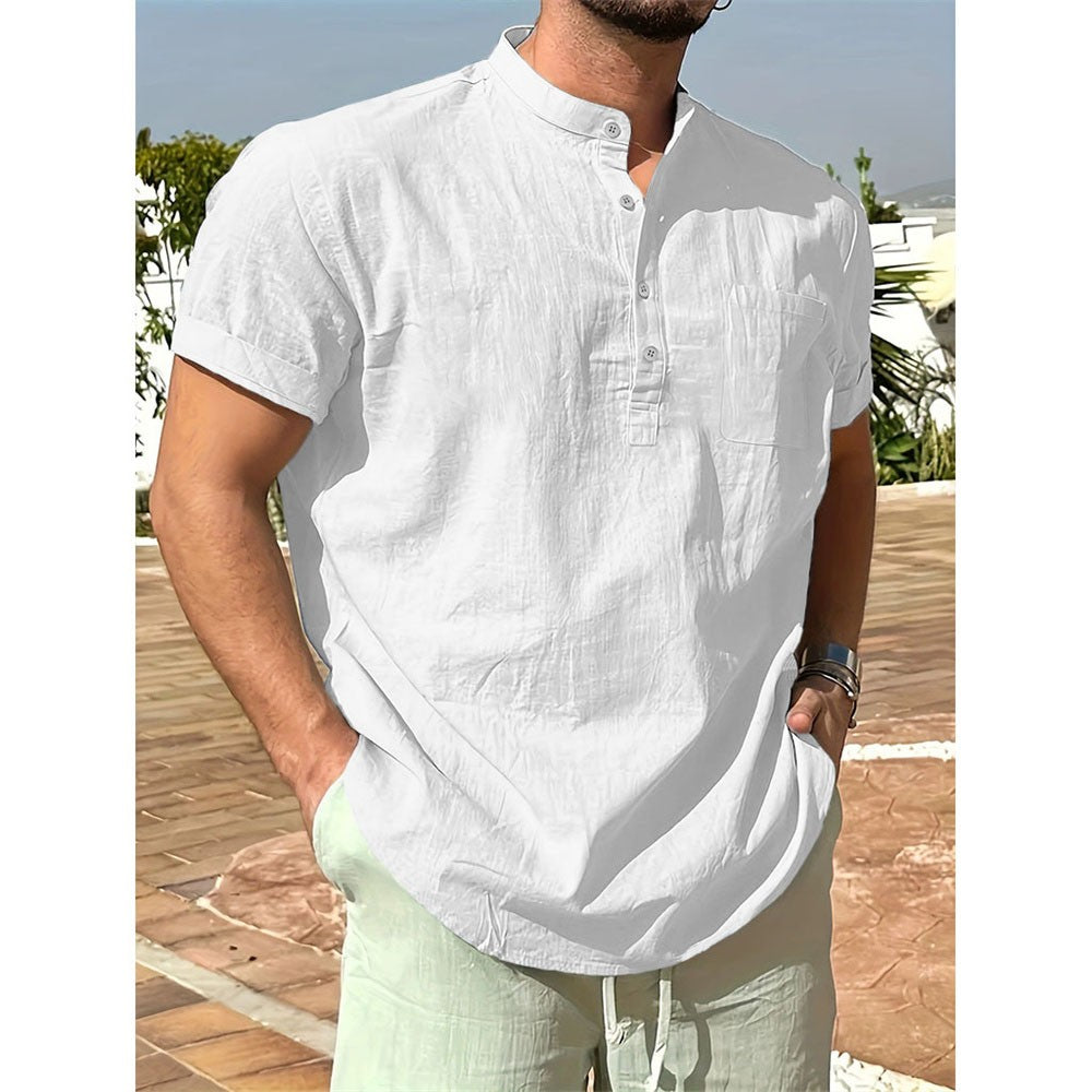 Summer Hot Sale Men's T-shirt Cotton Linen Henley Neck Casual Breathable Lightweight Solid Color Pocket Button Tops