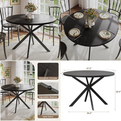 47.2 Inch Round Farmhouse Dining Table, Wooden Kitchen Table for 4, Black Circle Table for Dining Room