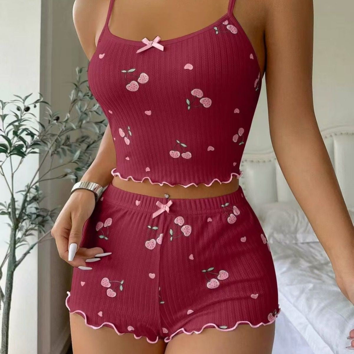 Women’s Summer Pajama Set – Heart Print Ribbed Backless Crop Top & Shorts with Bow Detail