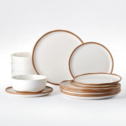Plates and Bowls Set, 12 Pieces Farmhouse Ceramic Dinnerware Sets, Scratch Resistance, Dishwasher Microwave Safe, Vanilla White