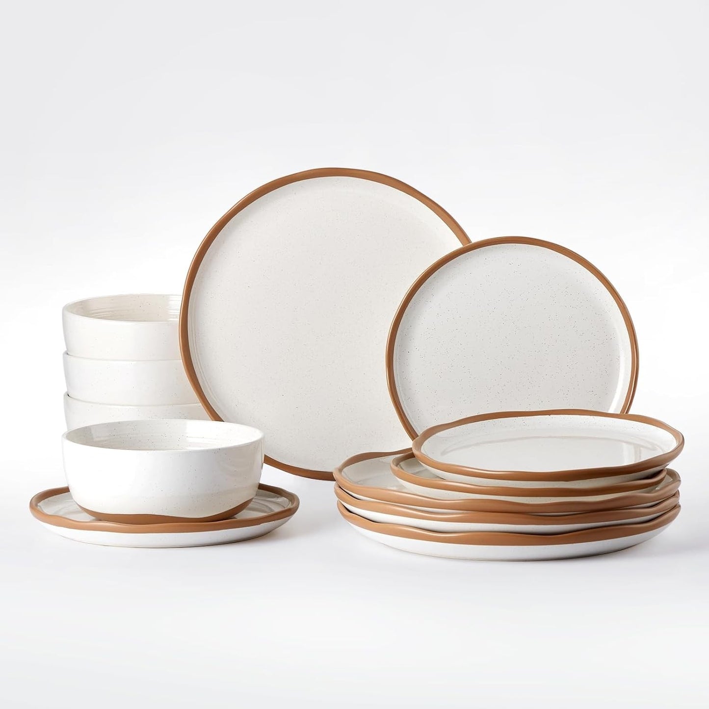 Plates and Bowls Set, 12 Pieces Farmhouse Ceramic Dinnerware Sets, Scratch Resistance, Dishwasher Microwave Safe, Vanilla White