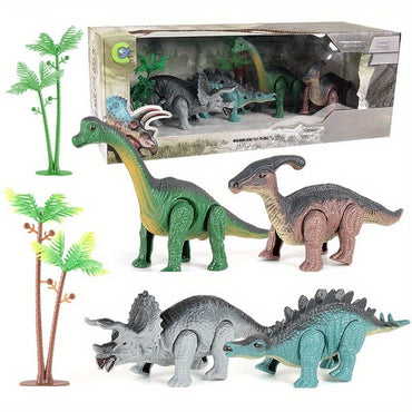 Um conjunto de presente de brinquedos de dinossauro, brinquedo de animal mecânico que anda automaticamente quando ativado. Presente de aniversário para crianças.