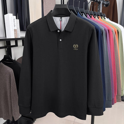 100% pure cotton spring and autumn fashionable men's lapel striped long sleeved polo shirt brand letter V relief design casual T