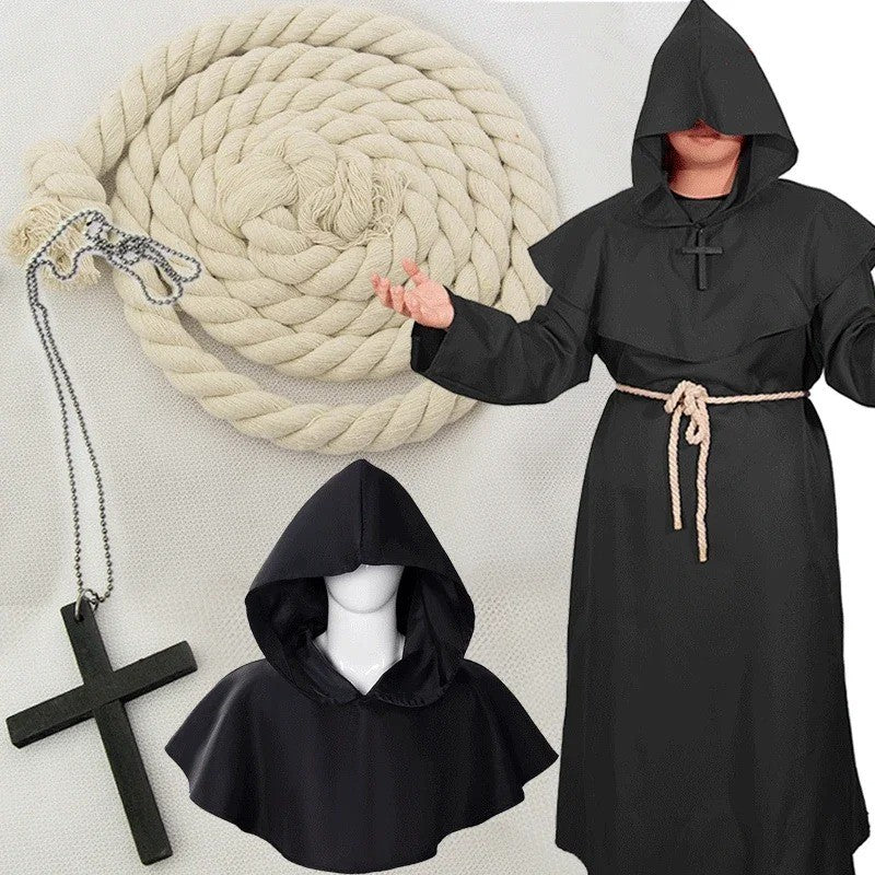Retro Priest Robe Halloween Cosplay Costume Wizard Fancy Punk Cloak Mask Medieval Monk Robe Hooded Monk Cowl