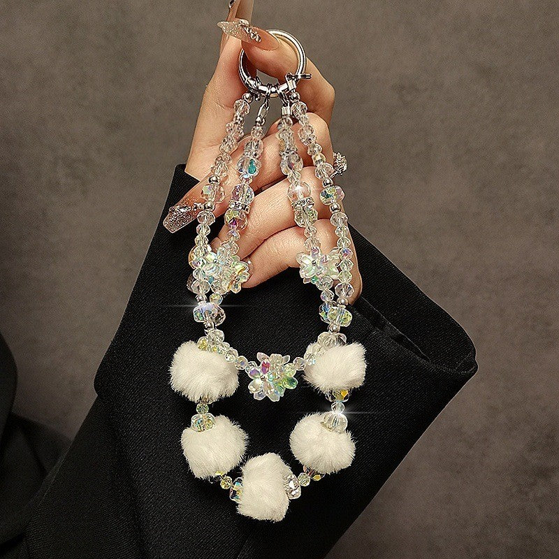 Autumn/Winter Plush Phone Strap Floral Beaded Crystal Pom-Pom Handbag Chain New Trendy Accessory for Smartphones
