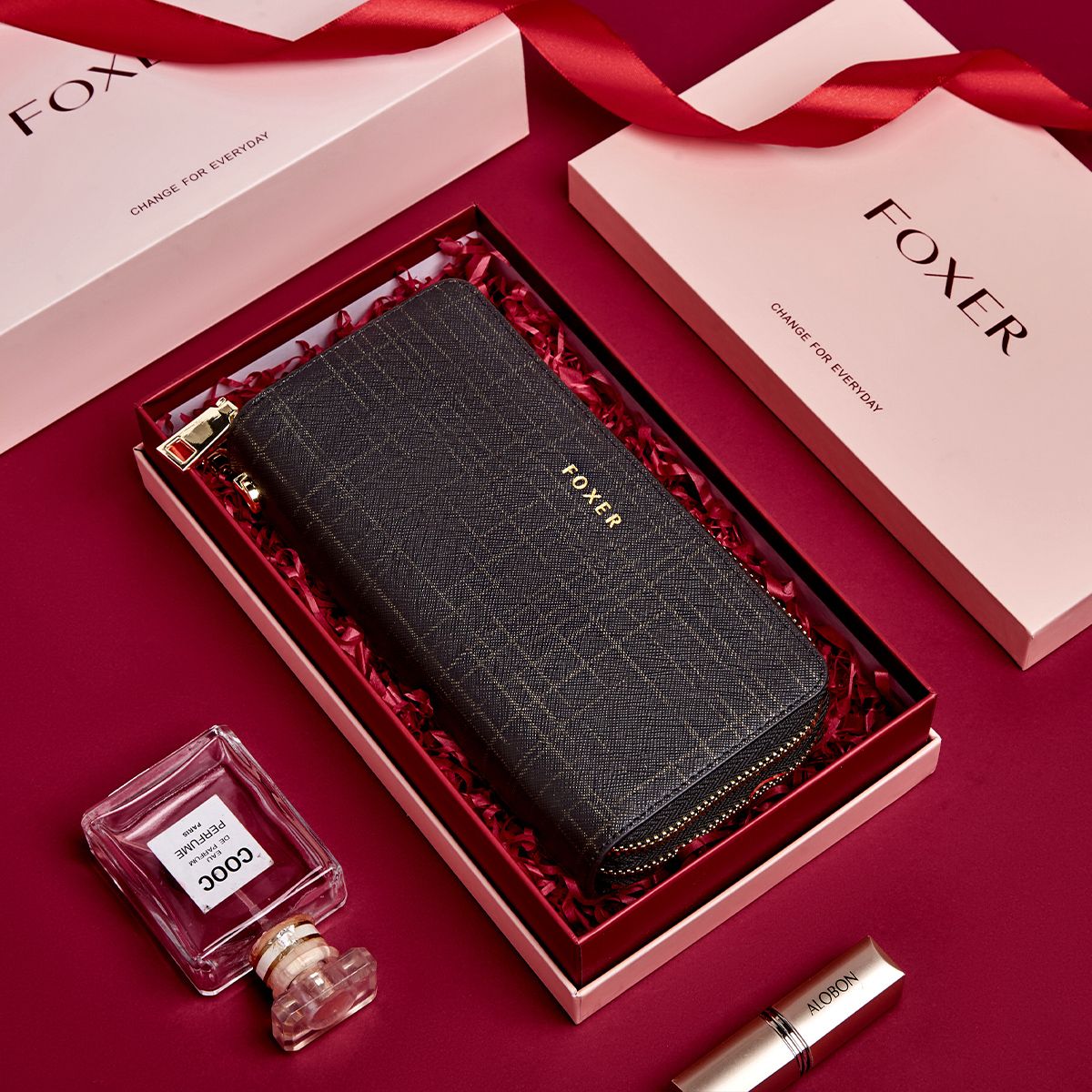 FOXER Split Leather Lady's Wallet Bifold Long Clutch Bag with Wristlet Fashion Card Holder Coin Purse Cellphone Money Bag