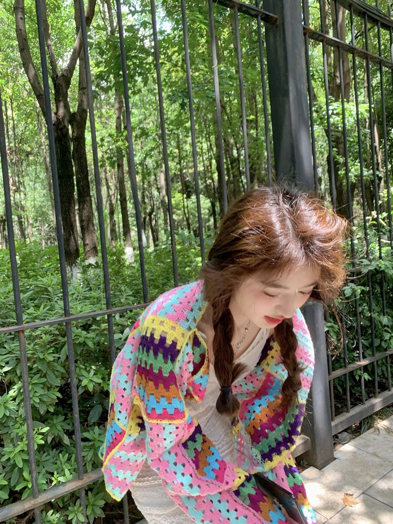 SALIENCY Colorful Crochet Knit Hollow Cardigan Sweater Jacket Women Spring Top Loose Short Knitwear