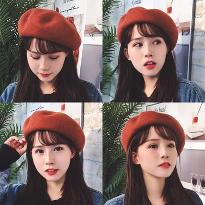 Boina Nuvem Feminina Confortável de Lã Pelúcia Quente Estilo Britânico Chapéu Gorro Cor Sólida Elástico Boina Feminina