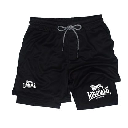 2 in 1 Running Shorts Men Workout Lonsdale Compression Shorts with Phone Pocket Towel Loop Summer Sport Athletic Activewear