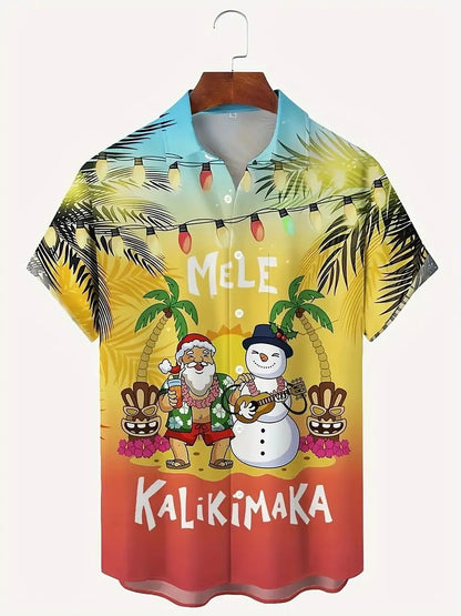 3D Print Christmas Themed Santa Claus Graphic Beach Shirts Men's Short Sleeve Lapel Hawaiian Shirt Summer Button Vacation Shirts