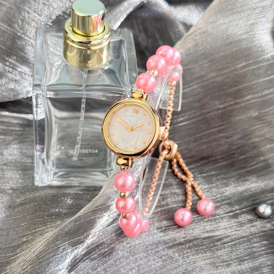 French Romantic Pearl Pull Cord Handheld Watch Elegant Small Fashion Bracelet Quartz Wristwatch Stylish Portable Timepiece