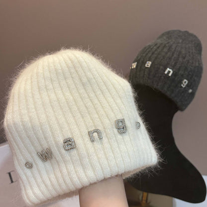 Simple Rabbit Hair Knitted Beanie for Women Outdoor Winter Warm Hat with Ear Flaps Basic Stretchable Skull Cap