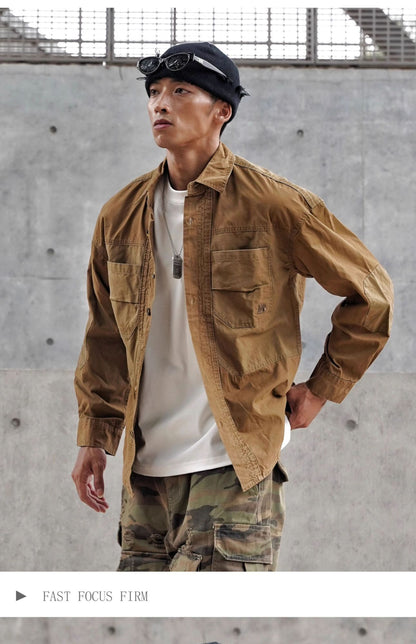 Vintage Patchwork Design Men Autumn Tactical Function Cargo Shirts Y2K High Street Techwear Style Long Sleeve Tops camisetas