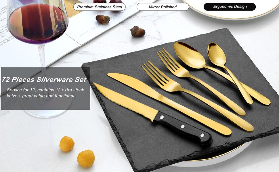 72-Pcs Gold Silverware Sets, Flatware Set with Steak Knives, Stainless Steel Cutlery Set, Include Forks Spoons and Knives Set.