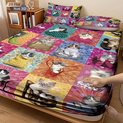 3pcs fabric splicing cute cat coreless bed sheet set, multi size bed cover bedroom bedding, holiday decoration, machine washable