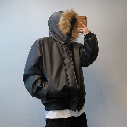 Winter American retro fashion brand handsome all-match warm detachable hat heavy PU leather cotton coat thickened jacket for men