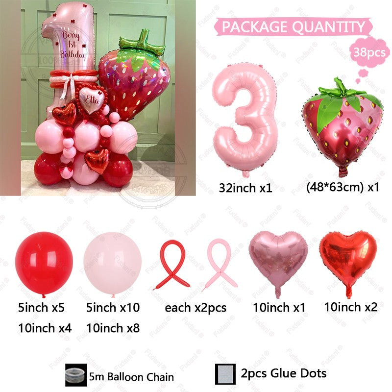 38pcs Strawberry Balloon Pink Number Birthday Balloon Set Fruit Theme Party Decoration Festival Balloon Photography Props