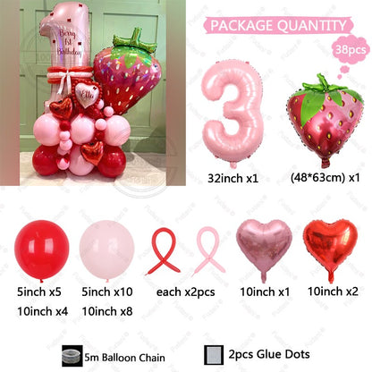 38pcs Strawberry Balloon Pink Number Birthday Balloon Set Fruit Theme Party Decoration Festival Balloon Photography Props
