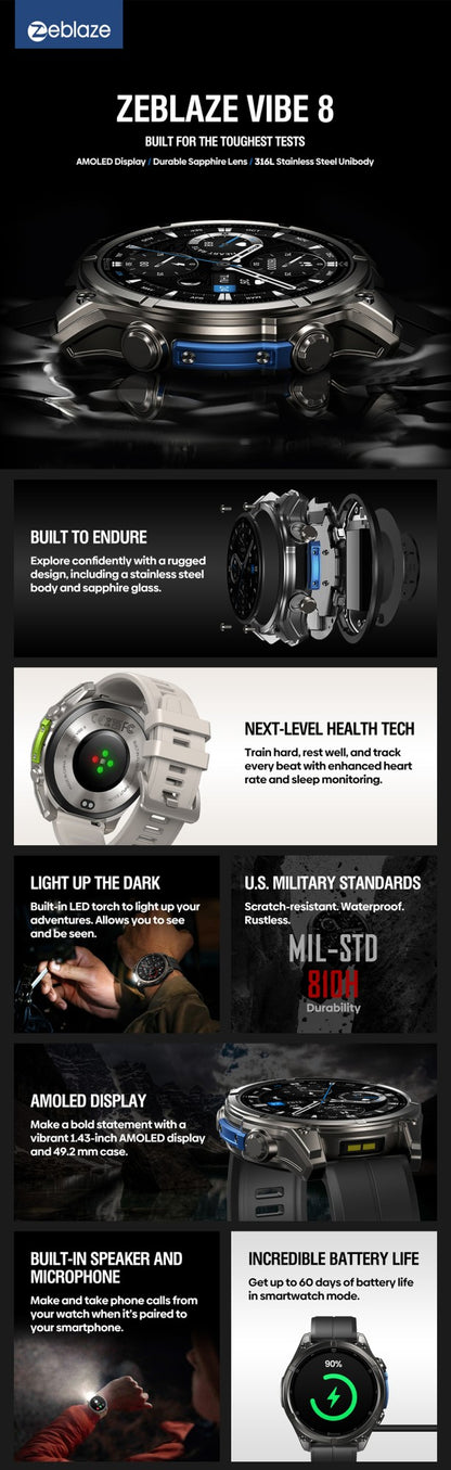 NOVO Smartwatch Zeblaze VIBE 8 com Chamada de Voz, Tela AMOLED de 1,43", Lanterna Embutida, Frequência Cardíaca e Pressão Arterial 2025