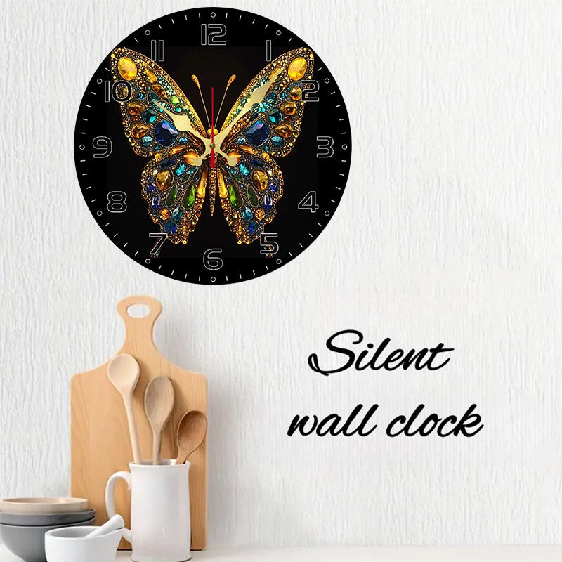 Shiny Butterfly Wooden Round Silent Hanging Wall Clock, Suitable For Living Room, Office, Study Room, Bedroom, Home Decoration