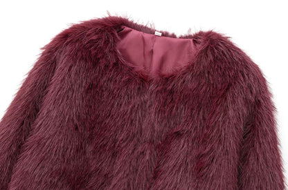 Women's Thick Warm Faux Fur Cropped Jacket, O Neck, Long Sleeve, Female Outerwear, Chic Tops, Fashion