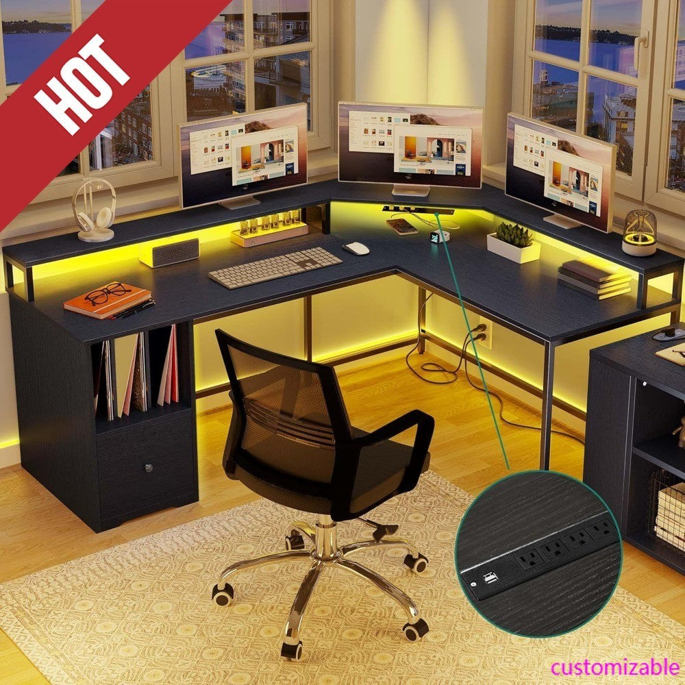 HOT-L Shaped Desk With Power Outlets  LED Lights, 67" Computer Desk With File Drawer, Corner Desk Home Office Desks