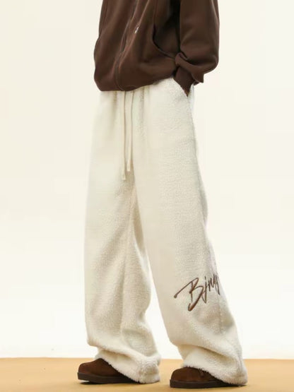 Women's Embroidered Flannel Sweatpants American Lamb Fleece Cotton Thickened Warm Couple Skiing Pants Autumn