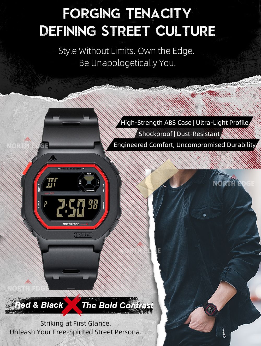 NORTH EDGE X1 Square Screen Digital Watch 2025 Men Women Sportswatch Waterproof 50M Stopwatch Countdown Alarm Clock Reloj Hombre