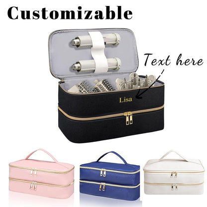 Customized name PU leather double-layer hair dryer storage bag, beauty tool box, hair curler accessories storage box