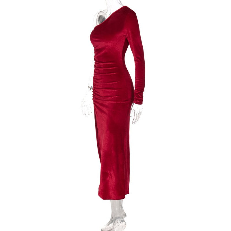 Women Elegant Long Sleeve Party Evening Velvet Bodycon Split Pencil Midi Dress S