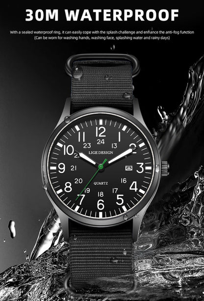 LIGE Top Brand Luxury Men Quartz Watch Date Nylon Leather Waterproof Luminous Military Sports Watches For Men relogios masculino