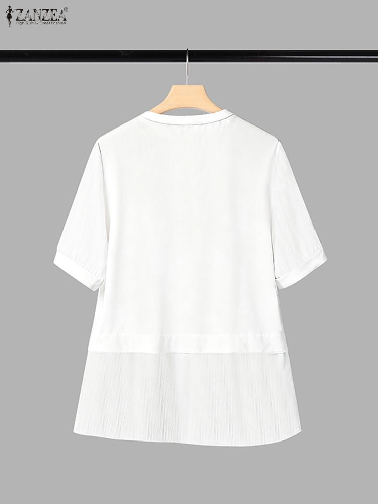ZANZEA Women Summer Patchwork Blouse 2025 Casual O Neck Short Sleeve Tops Blusas Fashion Elegant Work Shirt Mujer Female Chemise