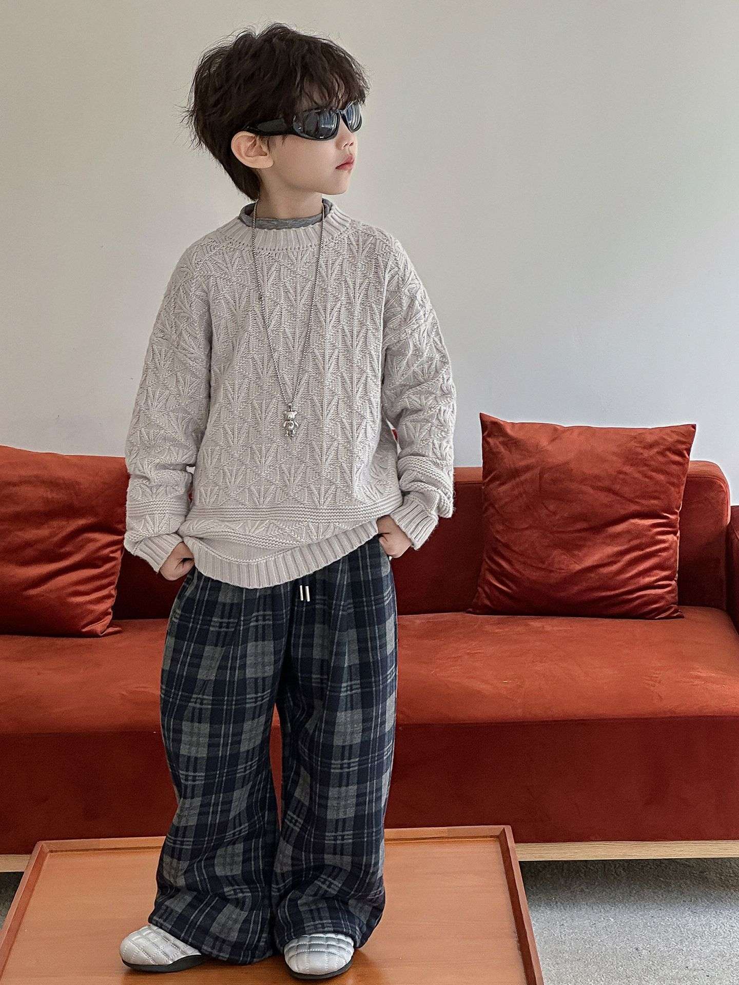 2025 Autumn Winter Cotton Boys Casual Pants Children Fleece-Lined Kids Plaid Loose Long Trouser Soft Warm 3-12 Years Outfit