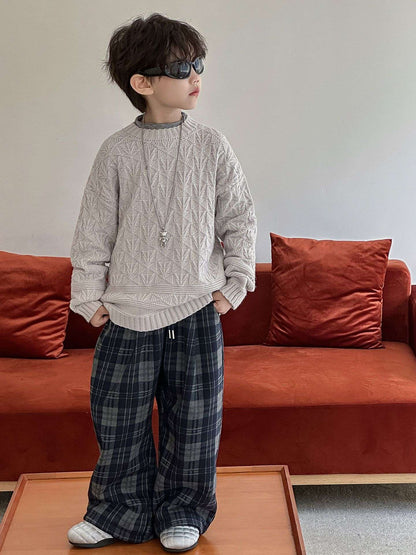 2025 Autumn Winter Cotton Boys Casual Pants Children Fleece-Lined Kids Plaid Loose Long Trouser Soft Warm 3-12 Years Outfit
