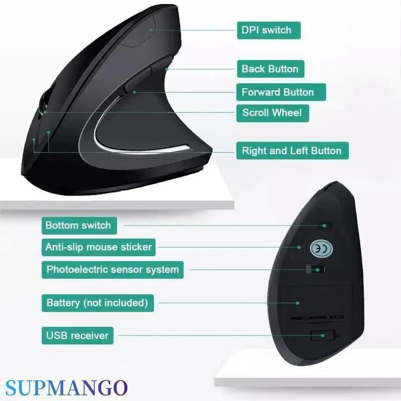 Mouse Vertical Ergonômico Sem Fio 2.4GHz Óptico 3 DPI Ajustáveis 800/1200/1600 6 Botões para Notebook PC Computador de Mesa