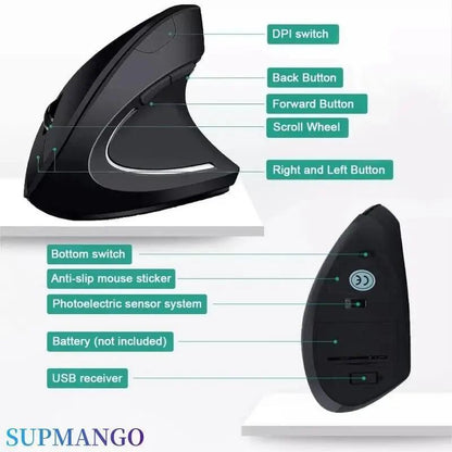 Mouse Vertical Ergonômico Sem Fio 2.4GHz Óptico 3 DPI Ajustáveis 800/1200/1600 6 Botões para Notebook PC Computador de Mesa