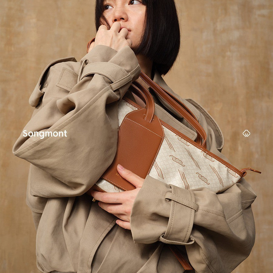 Songmont Designer Tote Bag Signature Monogram Print PU Material Lightweight Durable Womens Bag Zipper Top Polyester Lining