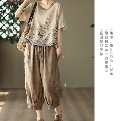 Cotton Linen Embroidered Floral Blouses Women's Chinese Classic Loose Shirt Top Casual Retro O Neck Short Sleeve Summer Shirts