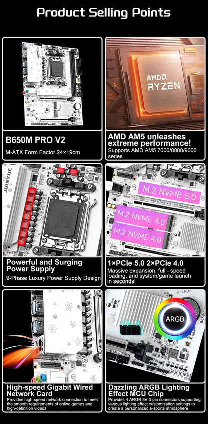 Placa-mãe JGINYUE B650M PRO V2 AM5 M-ATX para processadores AMD® Ryzen™ 7000/8000/9000 Series DDR5 RAM de até 96GB e 3 Slots M.2 para computadores (sem Wi-Fi)