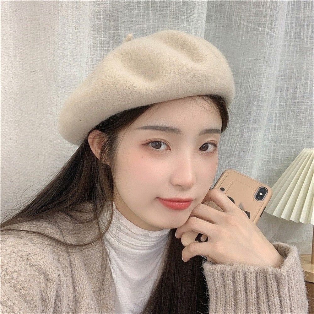 Women Girls Warm Wool Berets Hat Solid Color Retro Plain Cap All Matched Elegant French Artist Hat Lady Women Wool Berets