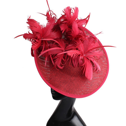 Bonés Cinzentos Millinery Com Acessórios de Tiara Imitação Sinamay Chapéu Derby de Coquetel Feminino Fascinadores de Cabelo de Noiva com Pena Chique