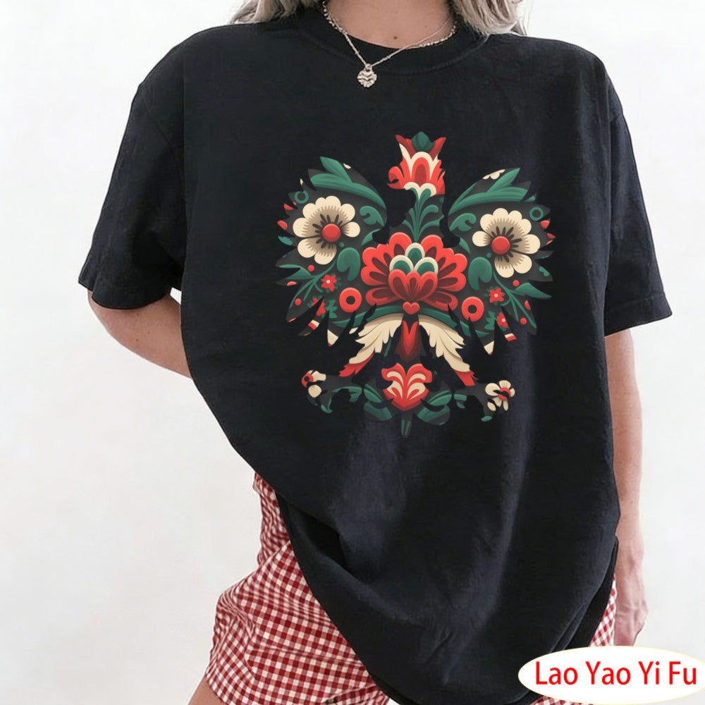 Polish Eagle Shirt Folk Art Christmas Design Clothes Botanical Flowers Tops Summer Women Retro Fashion Graphics Tees
