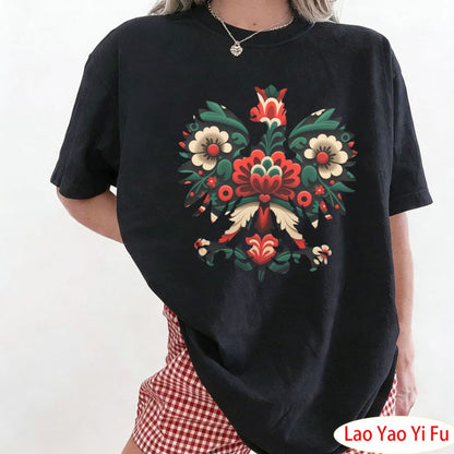 Polish Eagle Shirt Folk Art Christmas Design Clothes Botanical Flowers Tops Summer Women Retro Fashion Graphics Tees