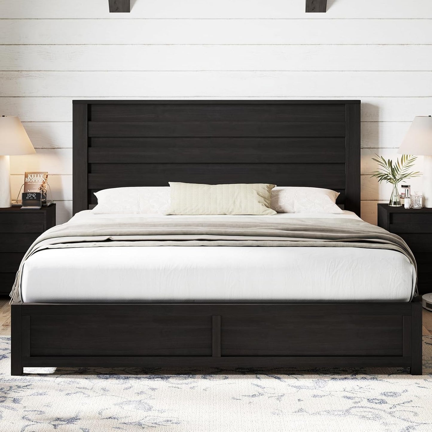Farmhouse King Size Bed Frame with 49" Fluted Headboard, Wood Platform Bed with Natural Grain, No Box Spring Needed/Nois